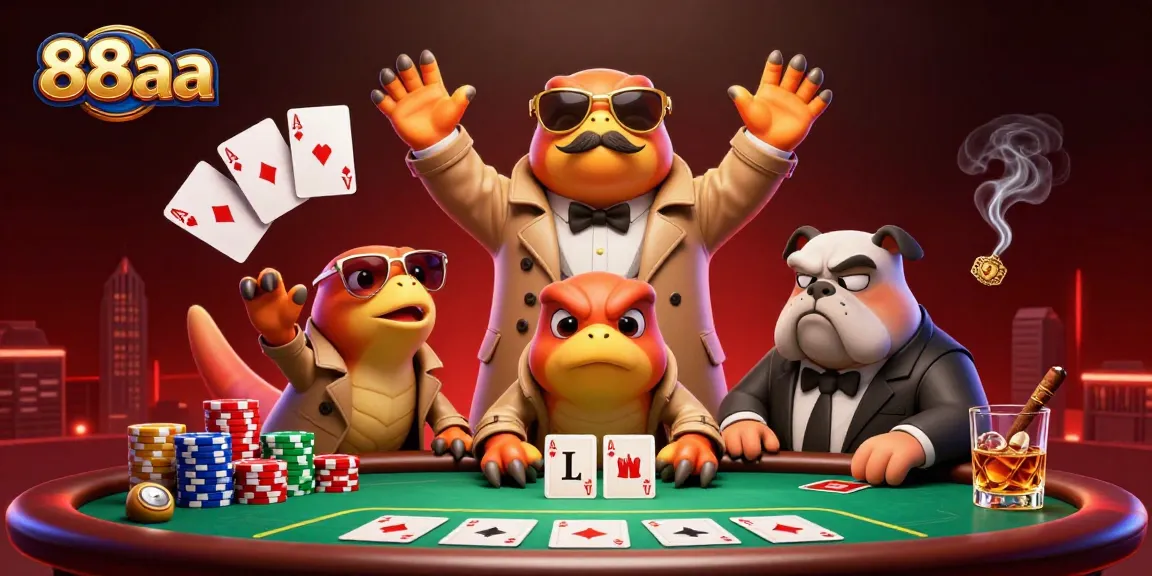 Raptors in a trench coat entering a VIP lounge at 88aa casino, surrounded by poker elements.