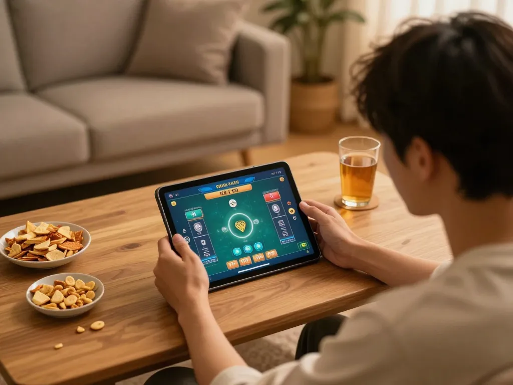 Engaged user playing taixiuonlinego on tablet, showcasing responsible gaming habits in a cozy home setup