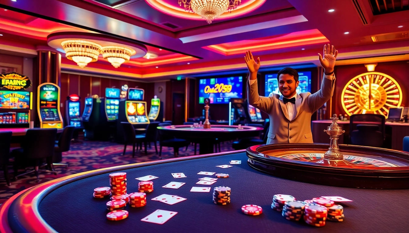 Celebrate your wins at 58win with vibrant casino scenes featuring poker and slot machines.