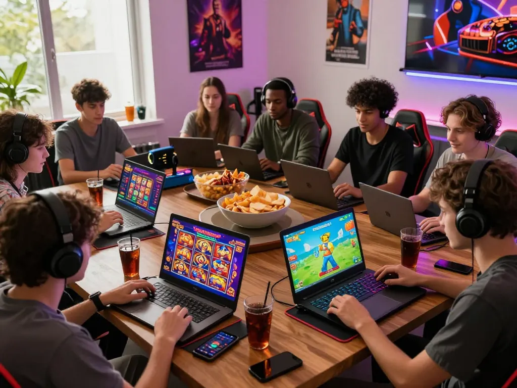 Diverse group enjoying gaming together on laptops at Hitclub, showcasing vibrant casino and sports games in a lively atmosphere.