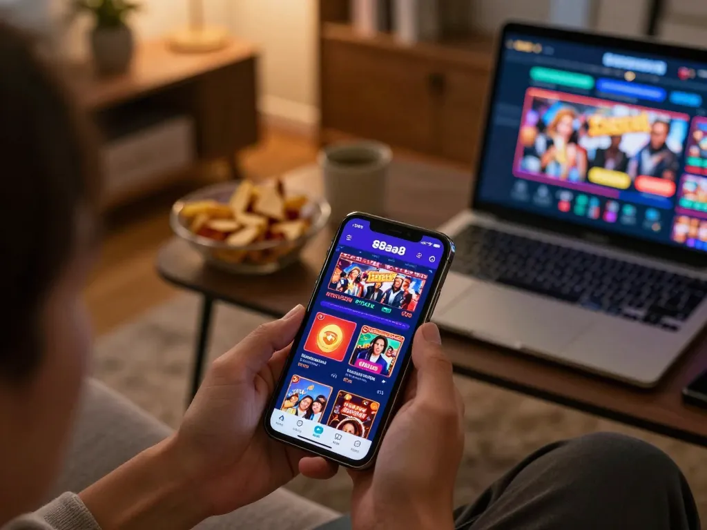 Player engaging with the 88aa8 casino app on their smartphone, showcasing an exciting online gambling experience.