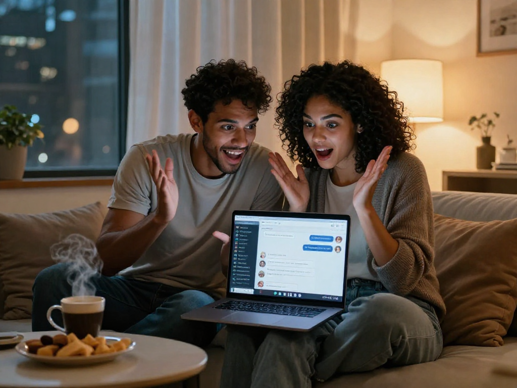 AI chat porn interaction in a cozy digital setting with a couple engaging on a laptop.