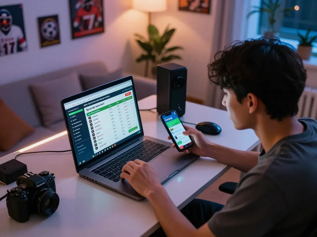 Engaging with the tỷ lệ kèo nhà cái hôm nay on a laptop and smartphone in a cozy home setting