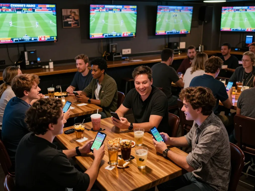 Excited patrons placing bets on their smartphones at 789p sports bar during live games excitement.