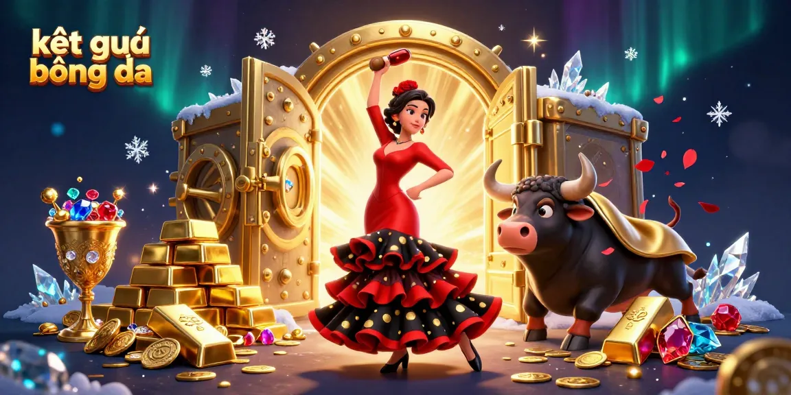 Kết quả bóng đá illustration of a woman in a red flamenco dress and a fighting bull amidst gold treasures.