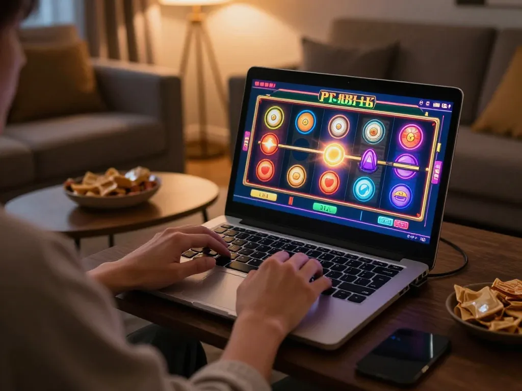 Engaging gameplay on 23win desktop with colorful slot reels spinning in a cozy setting.