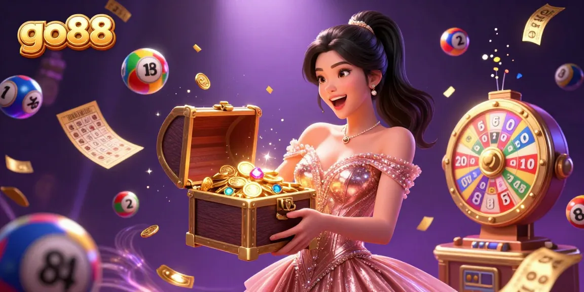Experience the excitement at go88 with dynamic lottery elements and a treasure-packed scene of joy.