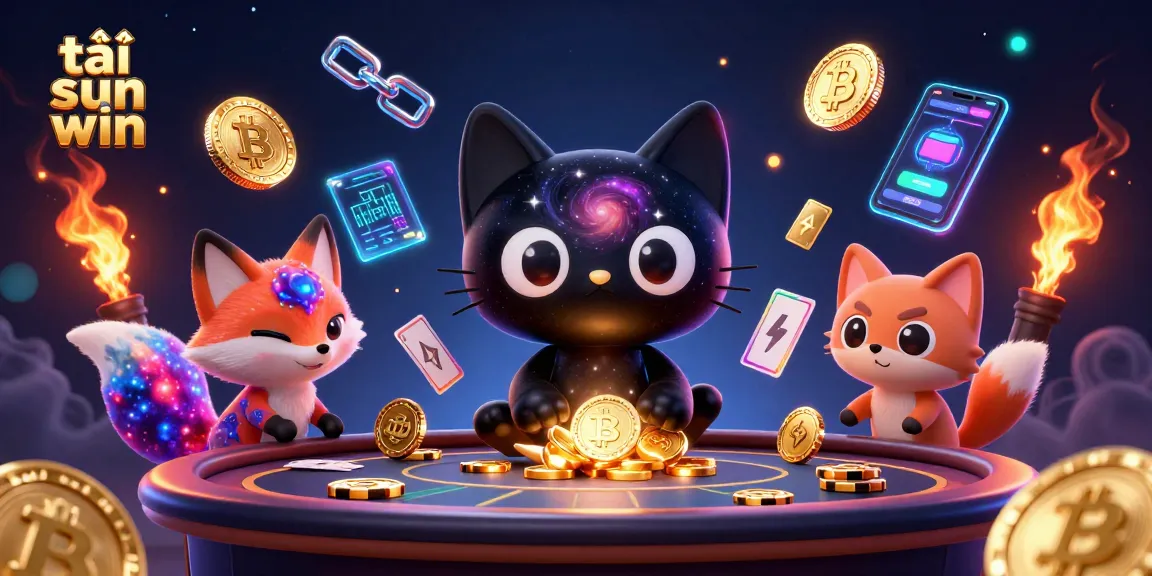Play and win with tải sun win in a vibrant cosmic casino scene featuring a black hole cat and colorful fox companion.