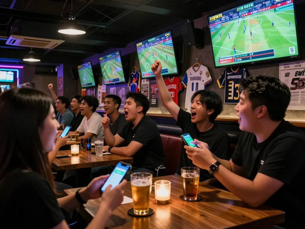 Patrons excitedly placing bets on their smartphones during a live sports event at 58win.