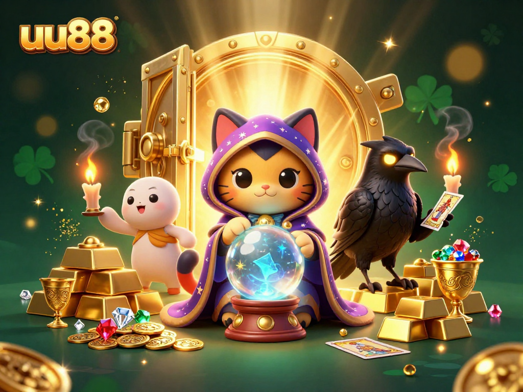 uu88 offers thrilling fortune through gaming, highlighted by a mystical cat and glowing raven in a vibrant scene.