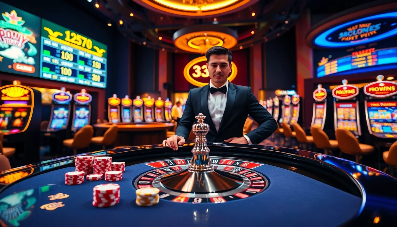 Players enjoying a thrilling game at 33win casino with vibrant poker chips and roulette.