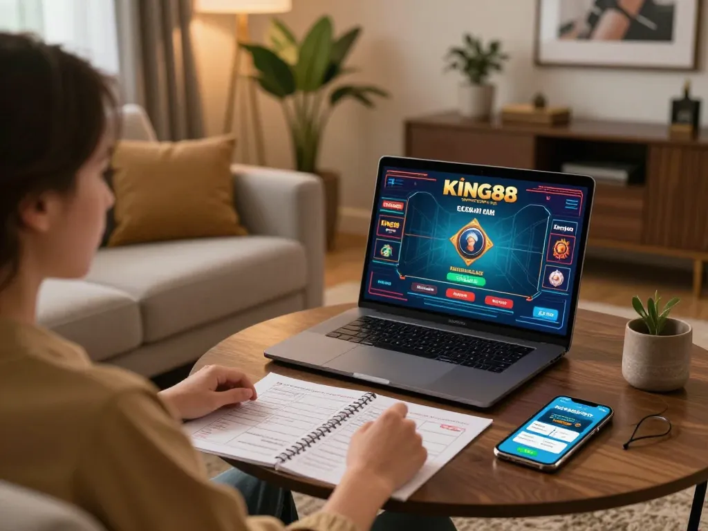 Player enjoying a link king88 online casino game on a laptop, cozy living room setting.