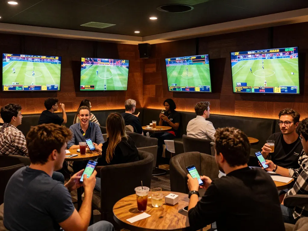 Fans placing bets on smartphones during an exciting sports betting experience at tic88's upscale lounge