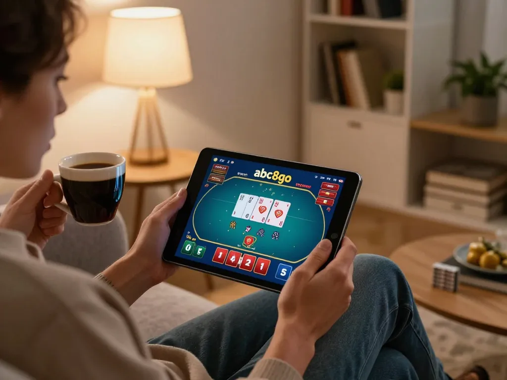 Engaging in abc8go online casino gaming on a tablet, featuring vibrant poker game interface