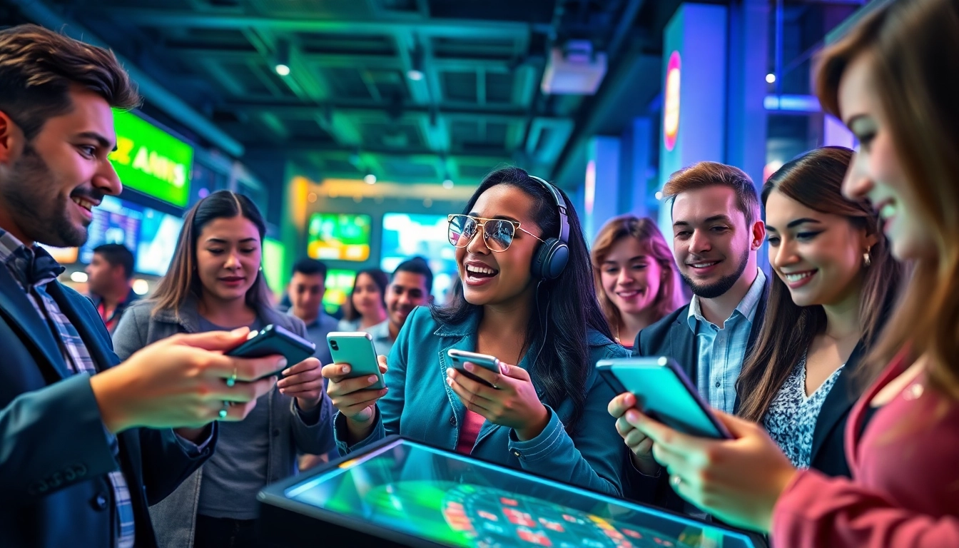 Online gaming enthusiasts engaging with okvipwin.live in a vibrant, modern setting.
