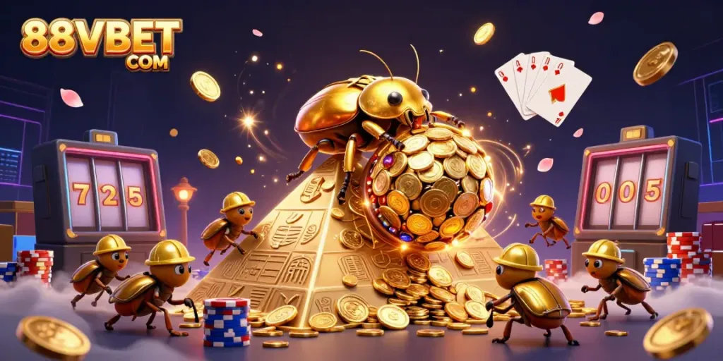 Experience the thrilling world of 88VBET COM with a golden beetle rolling coins in a vibrant casino setting.