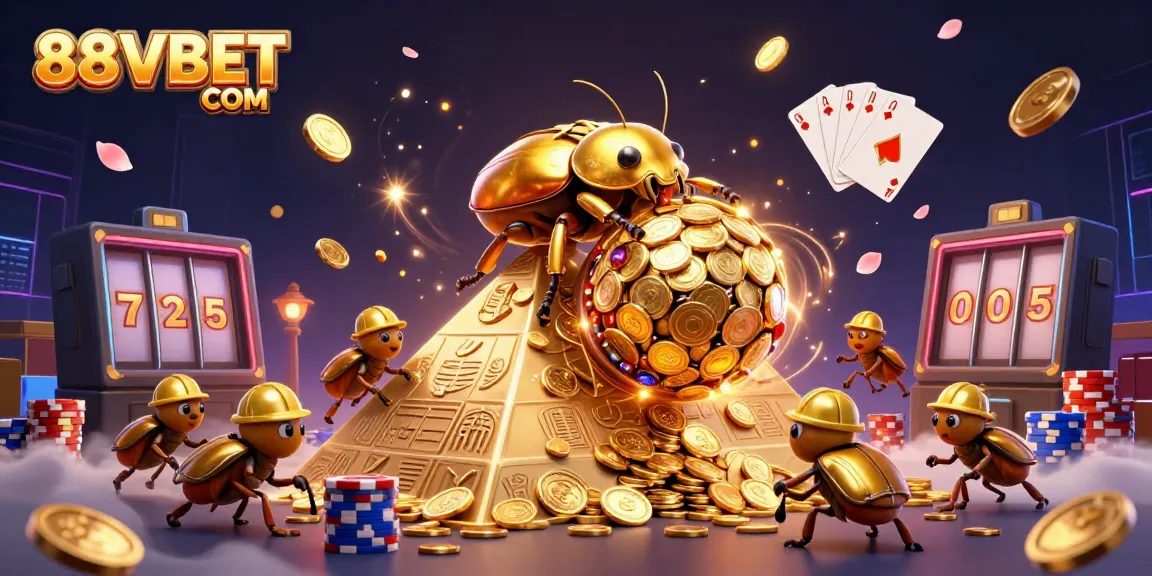 Experience the thrilling world of 88VBET COM with a golden beetle rolling coins in a vibrant casino setting.
