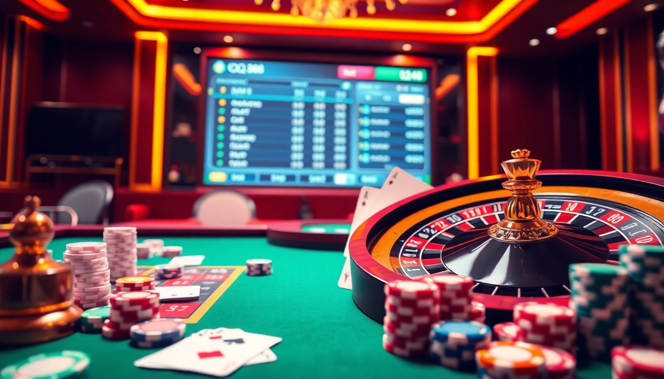 Experience the excitement of gambling at Trang Chủ QQ88 with vibrant casino elements and engaging gaming visuals.