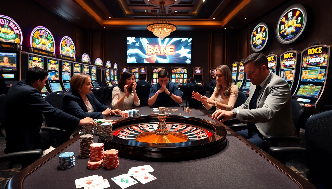 A thrilling BK8 casino scene showcasing poker chips, cards, and a roulette wheel, capturing excitement and luxury in gambling.