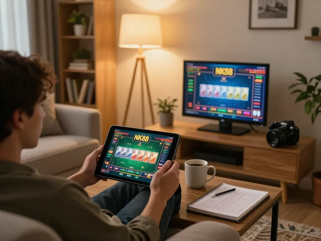 Engaging online gaming experience with NK88 displayed on tablet in a cozy setting.