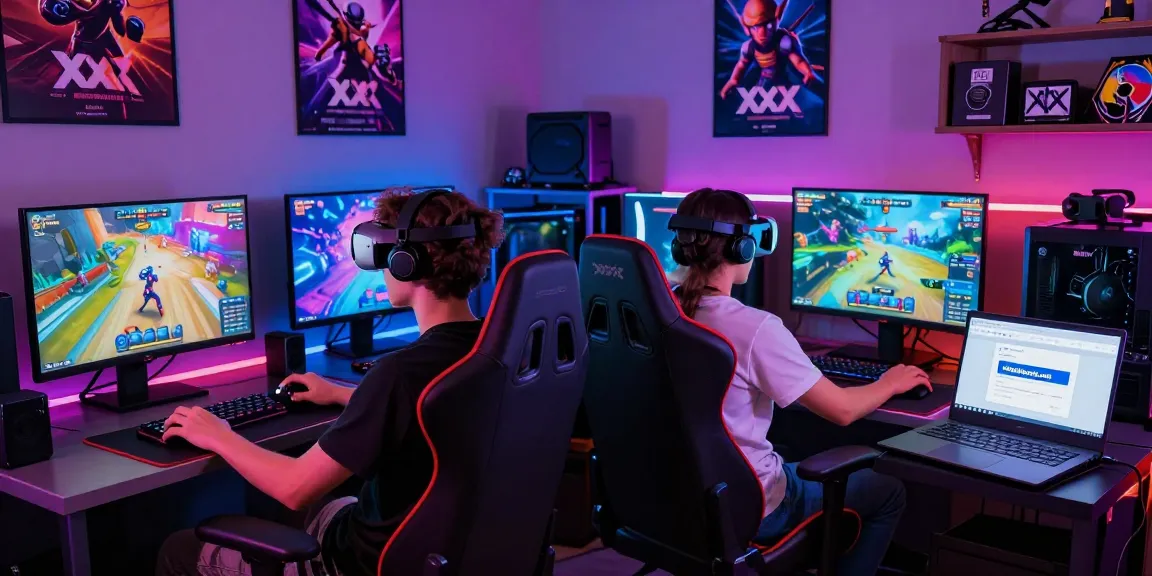 Young adults playing xxx games in vibrant gaming lounge with neon lighting.