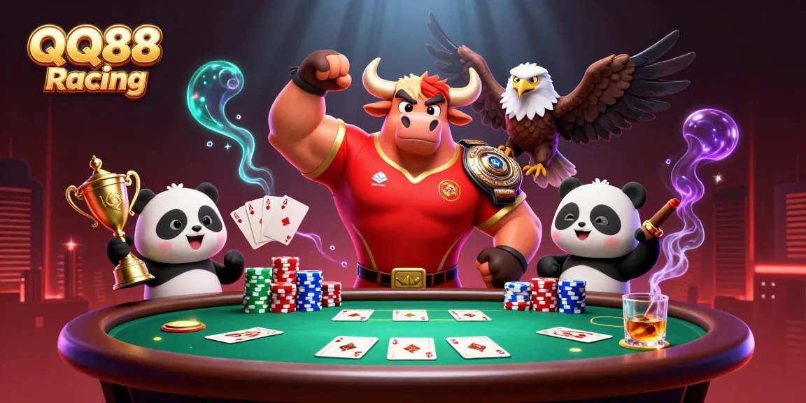 Join the action with QQ88 Racing as the bull mascot celebrates a poker victory!