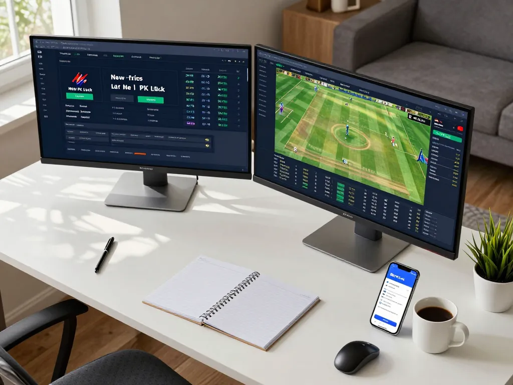 Placing bets on New PK Luck from a modern home desk setup with dual monitors displaying live cricket odds and game analysis.