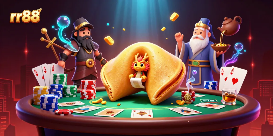 Engage with rr88's vibrant online casino world featuring golden fortune cookie and poker elements.