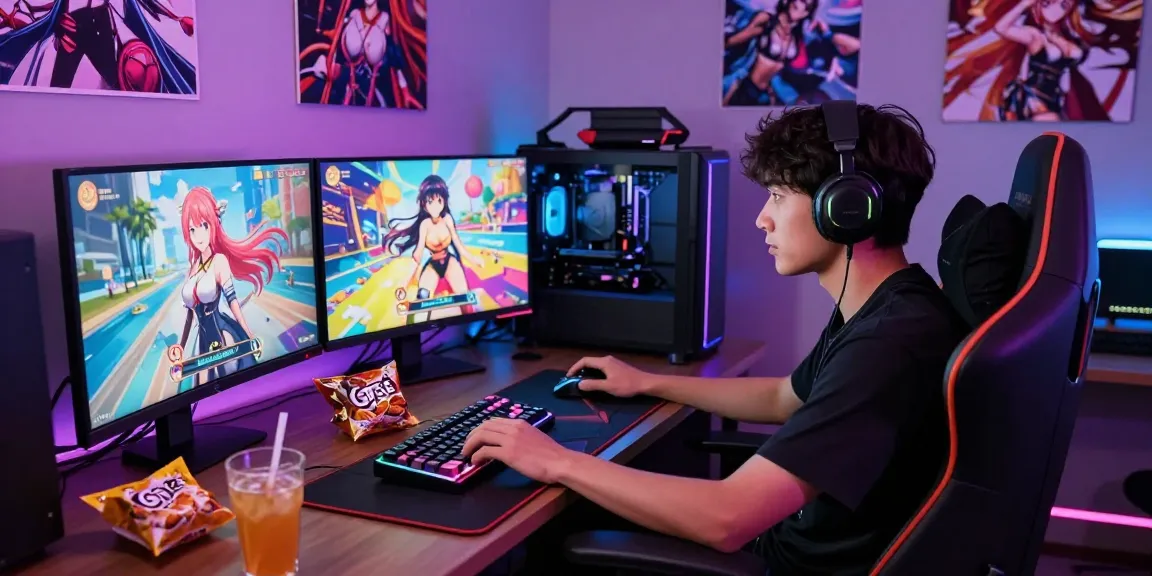 Gamer enjoying a hentai game on multiple screens in a vibrant gaming setup with RGB lights and snacks.