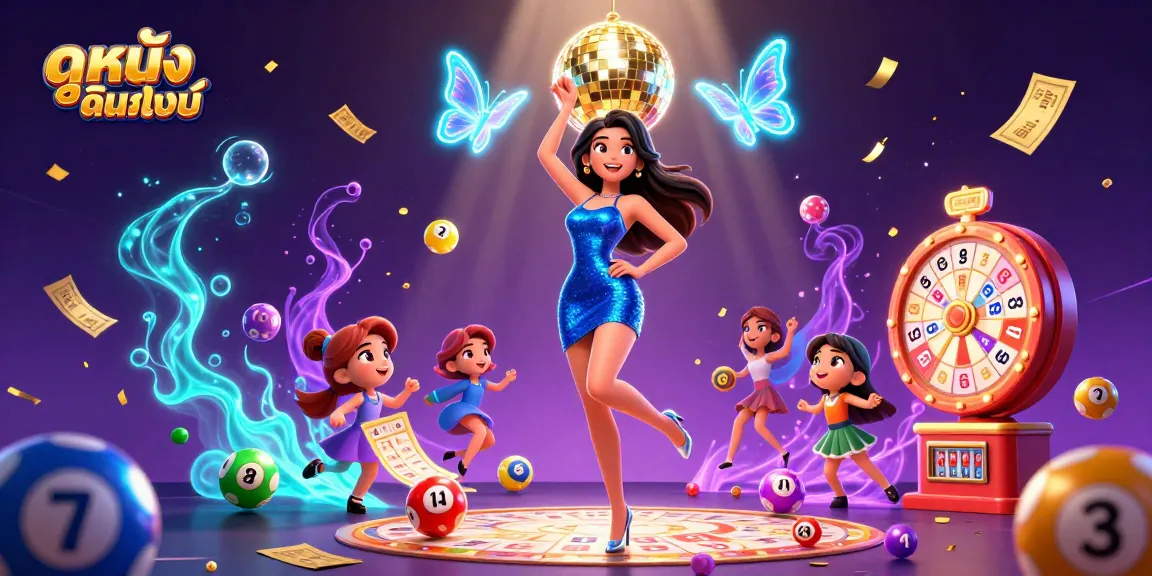 Experience ดูหนังออนไลน์ excitement with vibrant lottery balls and glamorous characters in a dynamic casino atmosphere.