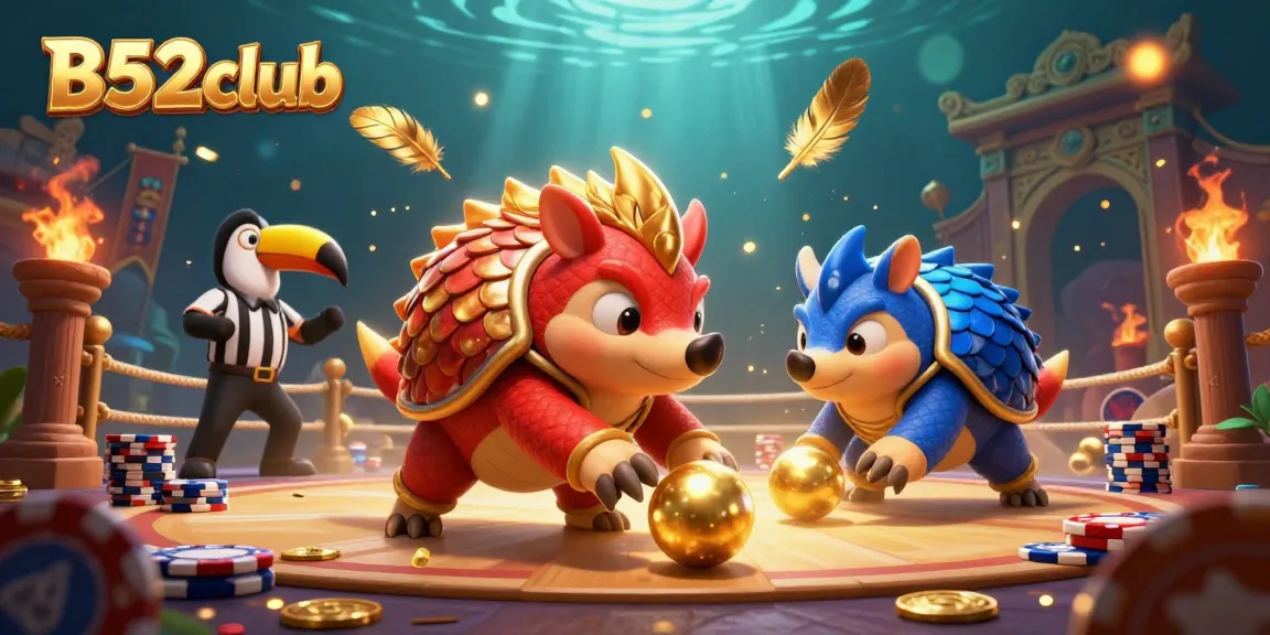 B52club pangolins competing in a casino scene filled with poker chips and golden tokens