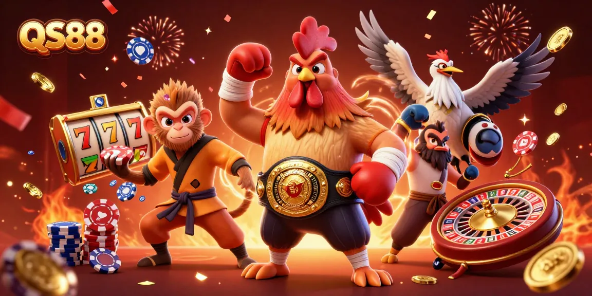 Experience high-stakes gaming at QS88 with vibrant characters and dynamic casino elements.