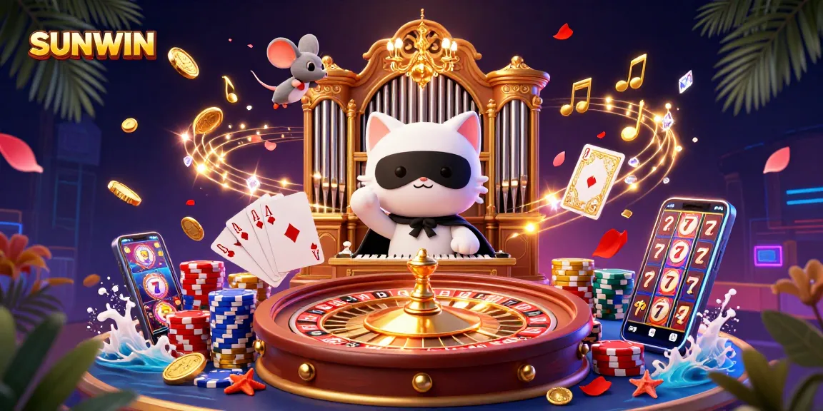SUNWIN's vibrant 3D casino scene featuring a phantom cat at a pipe organ with dynamic game elements.