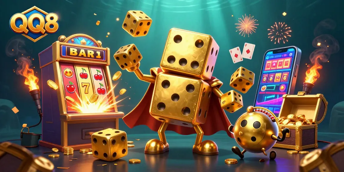 Experience thrilling action with QQ8 at this vibrant online casino illustration featuring golden dice and slot machines.