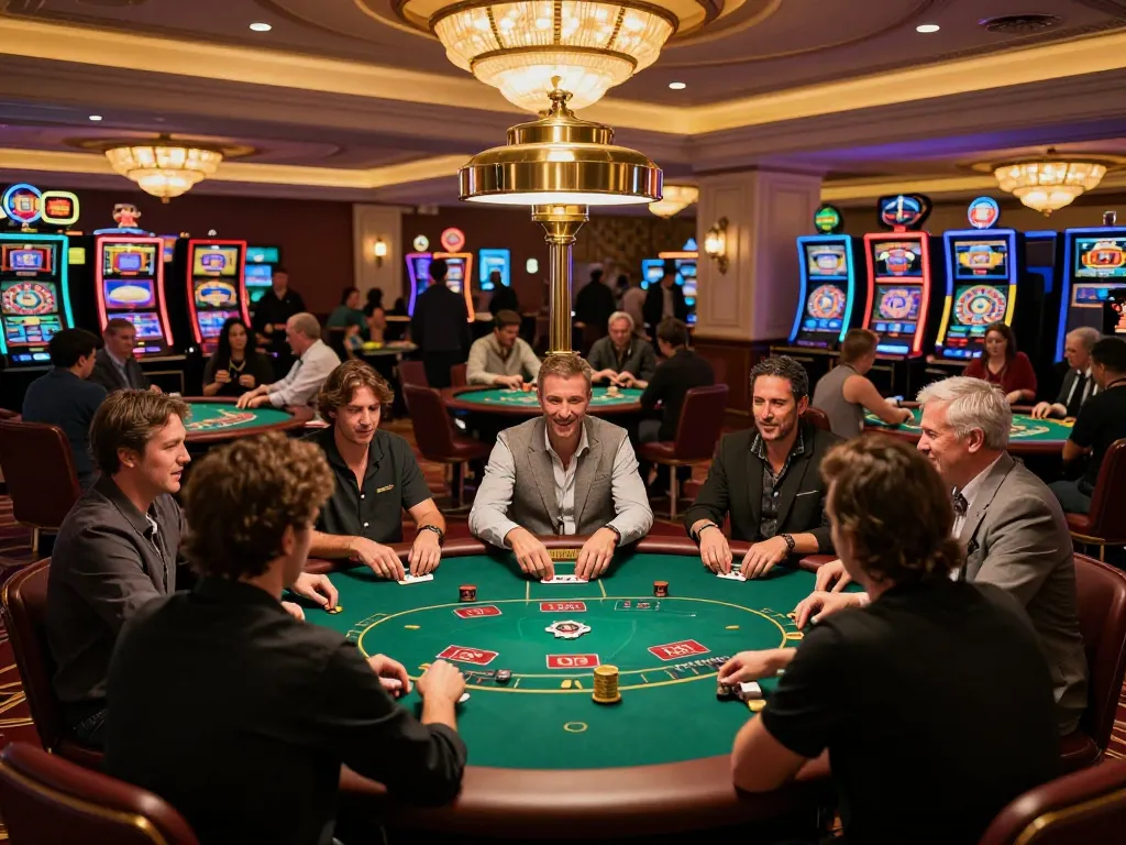 Players enjoying thrilling poker games at a vibrant casino floor, as nhacaiuytinn showcases the best gaming excitement.
