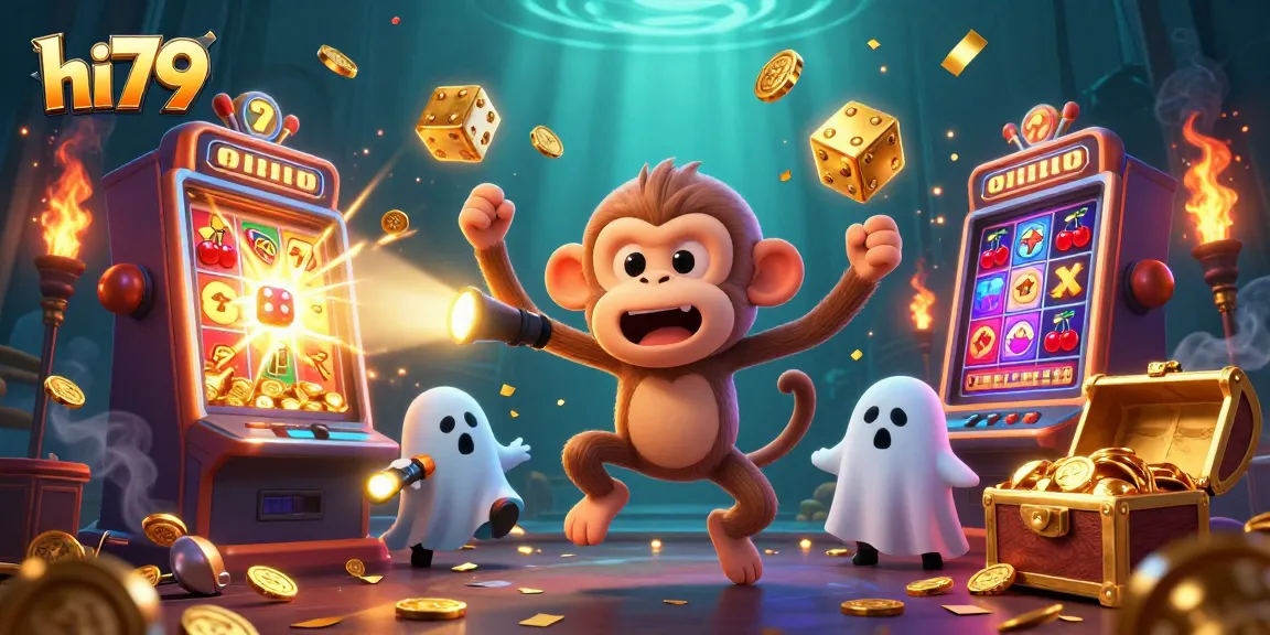 Engage with exciting hi79 casino action featuring a playful ghost monkey in a vibrant slot machine scene.