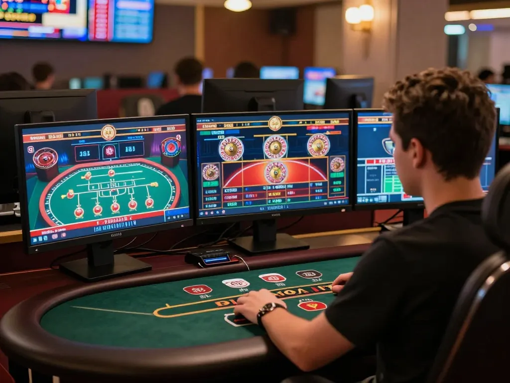Engaged player strategizing with multiple screens showcasing 58wiin online casino games in a modern setup.
