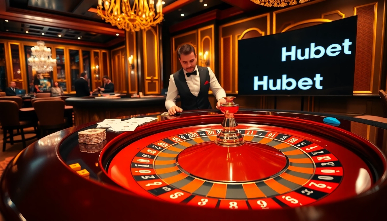 Players engaging with Hubet at a luxurious casino table filled with chips and cards.