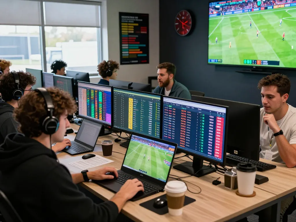 Engaged bettors analyzing keonhacai sports statistics in a lively online betting environment.