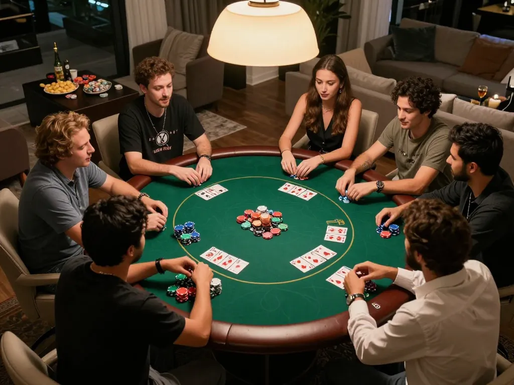 Friends enjoying a lively poker game night at home, showcasing 79win gaming strategies and social bonding.