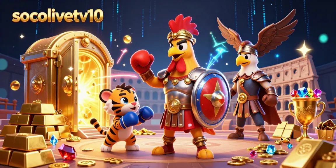 Socolivetv10 showcases an exciting online sports betting scene with animated characters and shimmering treasure elements.