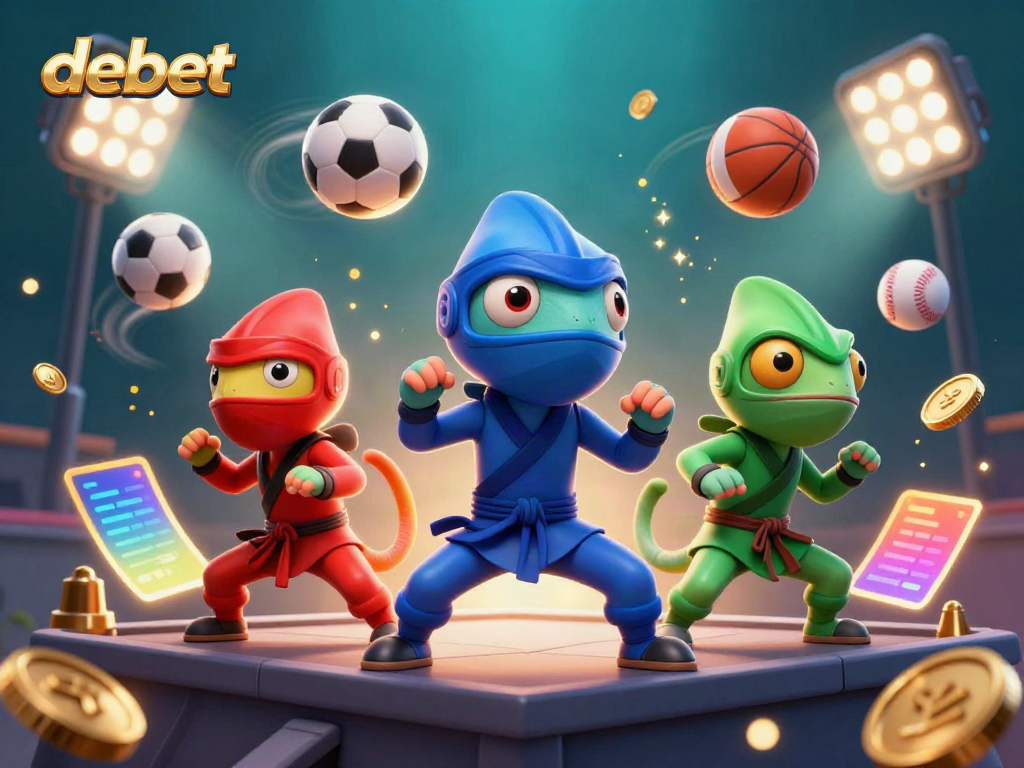 Join the debet action with ninja chameleons amidst sports betting elements in an energetic scene.