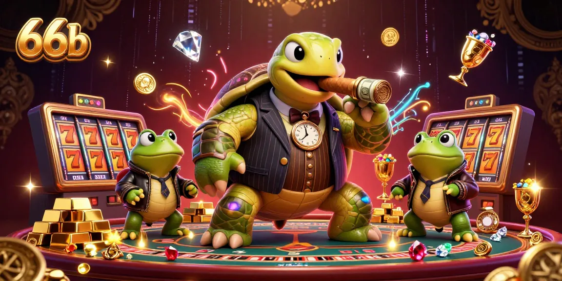 66b showcases a vibrant casino scene with a snapping turtle and bullfrog enforcers amid slot reels and jewels