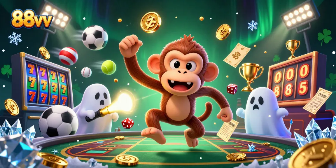 Experience thrilling games at 88vv, where a playful poltergeist monkey juggles betting tokens amid a haunted casino.