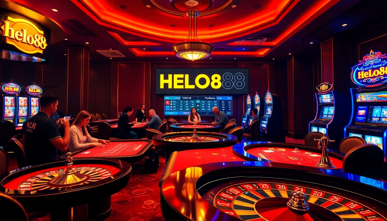 Experience thrilling gaming action at HELO88 casino with poker tables and slot machines.