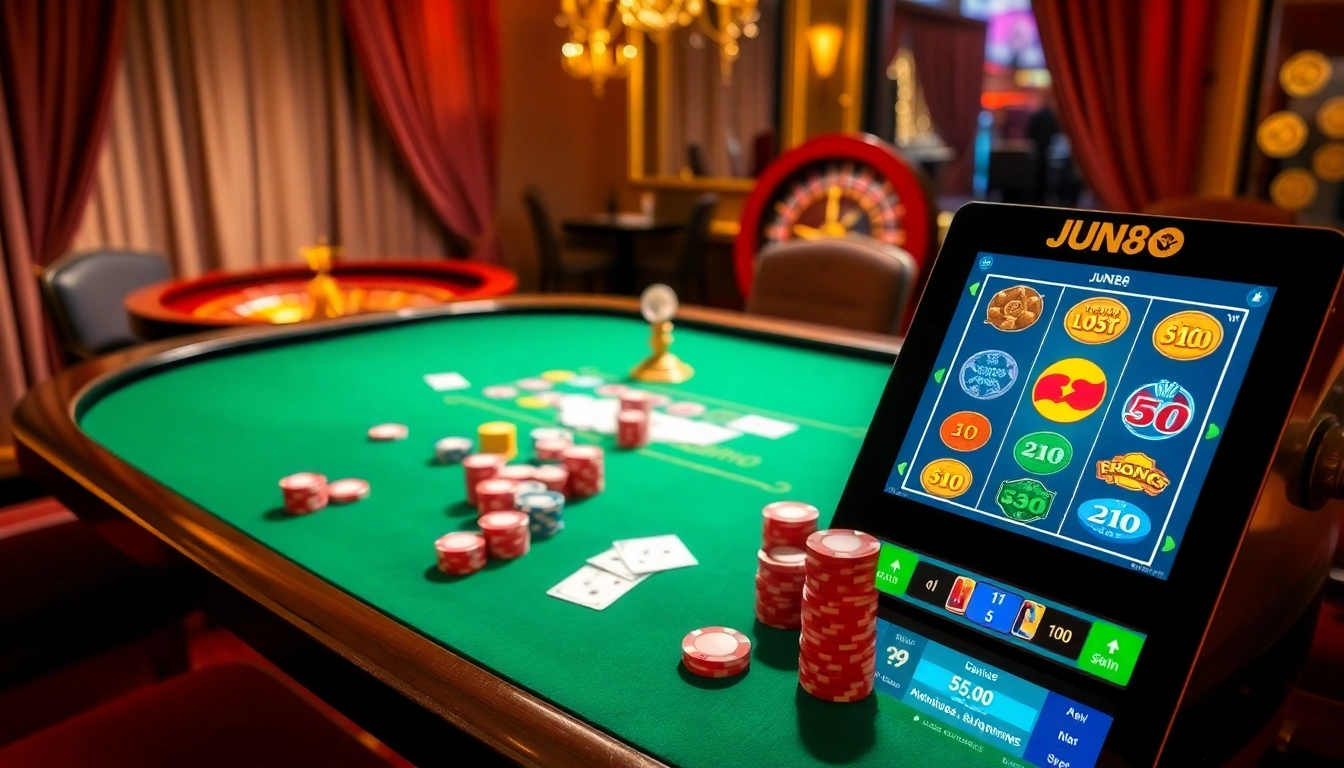 A lively casino scene showcasing Jun88's poker table with vibrant chips and exciting gaming atmosphere.