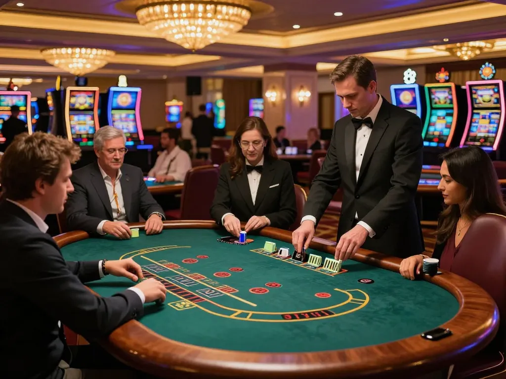 Dynamic blackjack gameplay at 78wingo casino, showcasing engaged players and professional dealers.