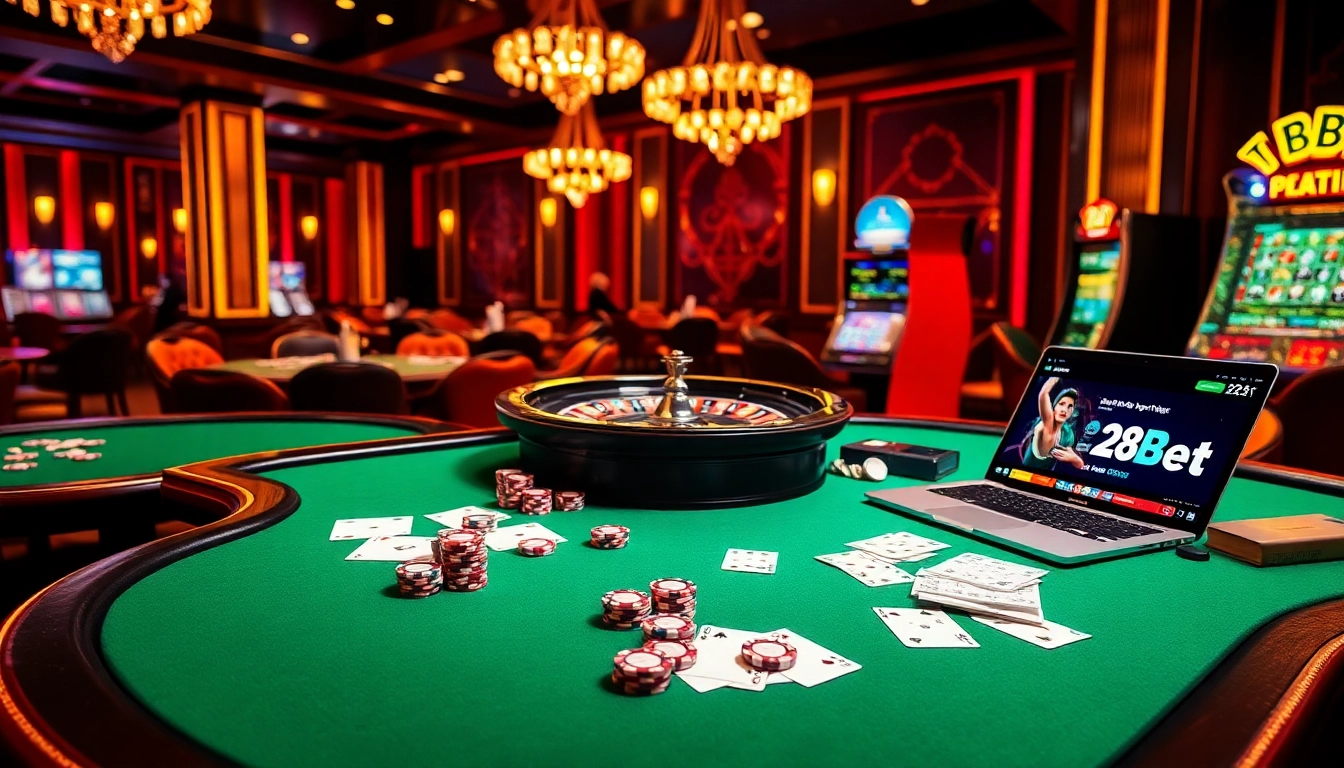 Exciting casino scene with poker, roulette, and online gambling elements at 28bet.