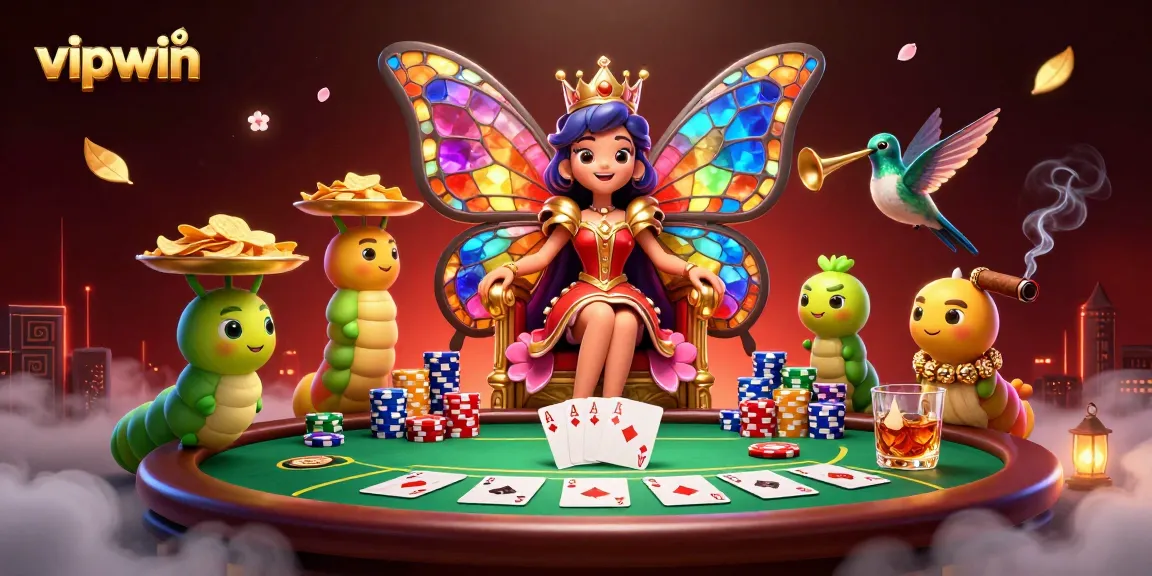 Experience the excitement at vipwin with a vibrant casino scene featuring a butterfly queen and poker elements.