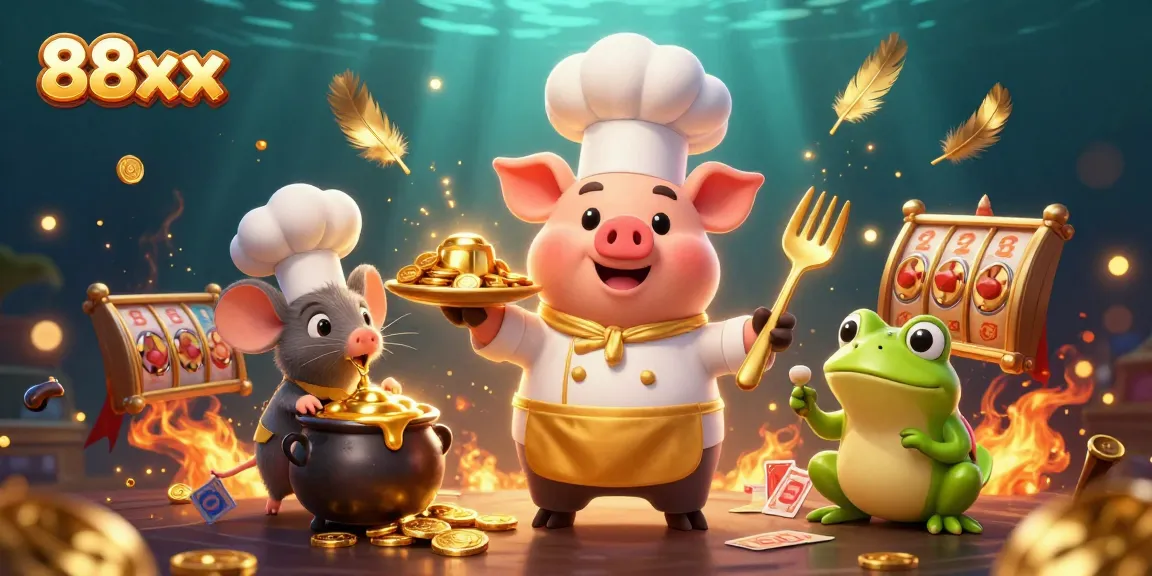 Engaging 88xx casino scene with a chef pig serving gold coins and a sous-chef mouse tasting gold.